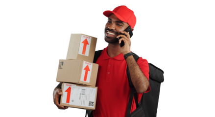 Happy man, phone call and delivery with box in logistics for discussion on a transparent PNG background. Male person or courier guy talking on mobile smartphone for parcel, package or online order