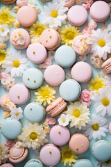 Obraz na płótnie Canvas Easter macarons, macarons pattern decorated with spring flowers, pastel colors flat lay