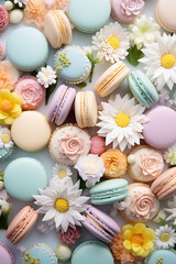 Fototapeta na wymiar Easter macarons, macarons pattern decorated with spring flowers, pastel colors flat lay