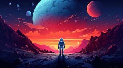 Anastronaut stands on a rocky planet and looks at a colorful space planet. In the background are three planets, two of which are larger and appear to be in the process of colliding. - obrazy, fototapety, plakaty