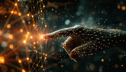 hand touching 3d hologram of network, networking and connect concept, futuristic digital technology and cyberspace banner