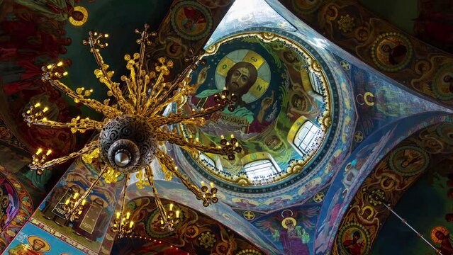 SAINT-PETERSBURG, RUSSIA - JUNE, 2023: Interior stunning architecture of the Church of the Savior on Spilled Blood through a timelapse hyperlapse.
