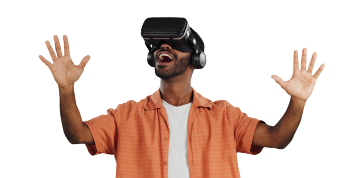 African man, virtual reality glasses and wow for games, futuristic ui and isolated by transparent png background. Person, AR goggles and open palm for 3D user experience in metaverse with surprise