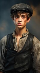 A young chimney sweep with freckles and a hat, his clothes are dirty and he looks sad.