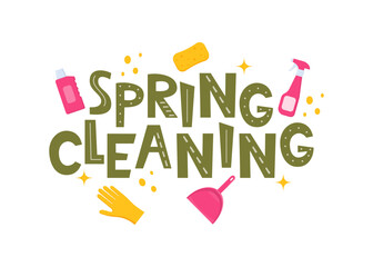 Spring Cleaning Lettering, home cleanup tools and flowers. Spring Cleaning for card, advertising, social media, flyer, poster, banner. Vector illustration.