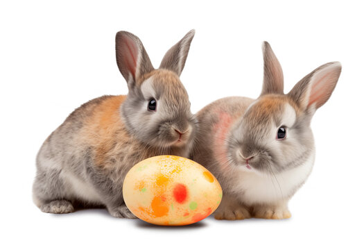 Two Cute bunnies with colorful painted Easter egg, isolated on white