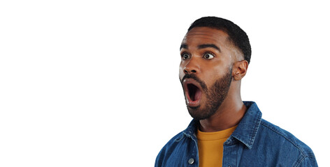 Black man, surprise and announcement with shock from drama and news. Wow, secret and African male...
