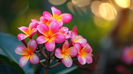 Banch of vibrant pink and yellow frangipani plumeria flowers on bokeh background, banner with copy space.