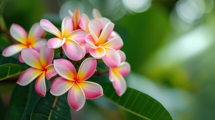Pink and yellow frangipani plumeria flowers with leaves. Banner of floral beauty with copy space.