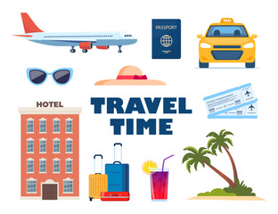 Adventure tourism, travel abroad, summer vacation trip decorative design elements. Set of travel icons. Transport, hotel, baggage, airport. cocktail, palm. Vector illustration.