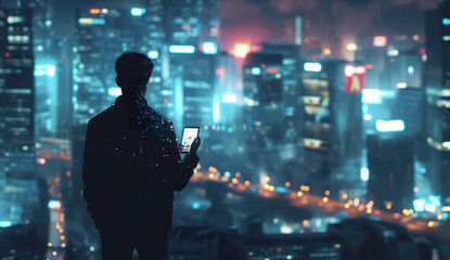 young successful businessman person using phone at futuristic tech city background, man and digital communication overlay concept
