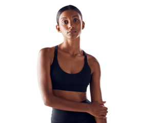 Fitness, workout and confidence with portrait of Indian woman for training, athlete and wellness. Exercise, diet and gym clothes with active fashion and health isolated on transparent, png background