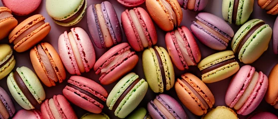 Fotobehang Full frame image of many colorful French macaroons from directly above. banner, background. © Adriana