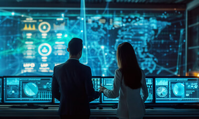 man and woman engineers standing by big screen with technology data, technicians team monitoring work with big digital display