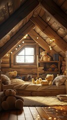 a wooden cabin room filled with teddy bear dolls under warm, soft lighting.