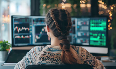 back view of professional female trader looking at monitor with stock exchange graph or chart, woman trading forex or cryptocurrency