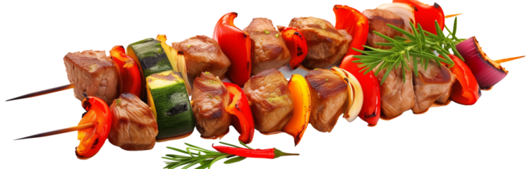 meat and vegetable kebab skewer, isolated on a transparent background