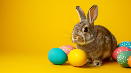 Fototapeta na wymiar Brown easter bunny with colorful easter eggs on a yellow background. Minimal Easter background