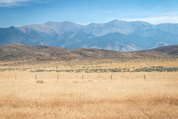 Barren Desert summer landscape and haze covered mountain range in Nevada , USA.