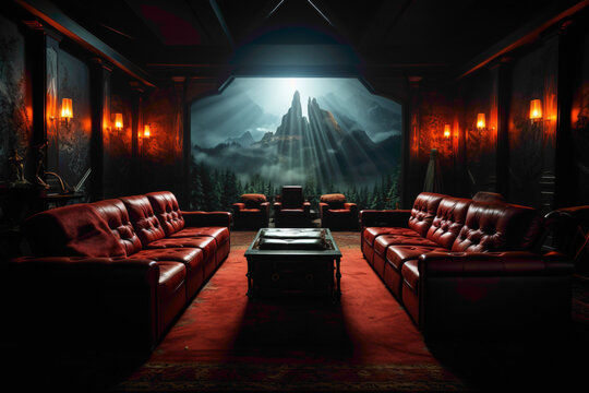 Picture the interior allure of a cinema hall, blending comfort and style with strategically placed seating, atmospheric lighting, and a cinematic screen.