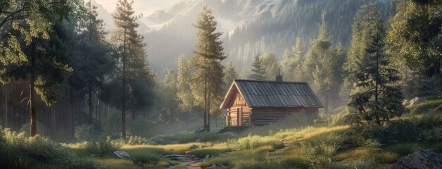 serene landscape surrounding a wooden cabin, focusing on intricate details like the texture of the wood and the play of light and shadows.