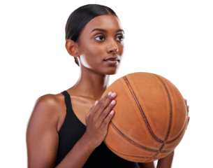 Fitness, basketball and face of woman with ball, game and training for competition match. Performance, workout and sports, serious girl athlete with confidence isolated on transparent png background.