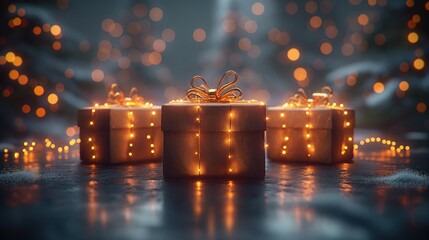 3 gift packs decorated with string lights. 3 paquets cadeaux décorés avec des guirlandes lumineuses. 