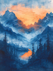 Watercolor landscape. Mountains. A beautiful painting. Generative AI.