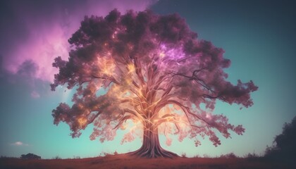 Holographic tree background, warm pastel colors, pink clouds in the sky