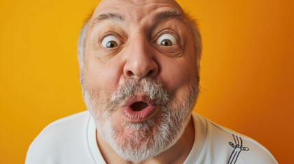 Very expressive old man, making big eyes and opening his mouth against an orange background. Vieil homme très expressif, faisant les gros yeux et ouvrant la bouche.