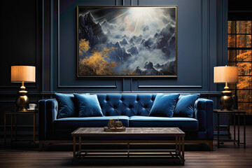 Discover elegance with a dark blue sofa and coordinating table, setting the tone in the living room against an empty frame yearning for your creativity.