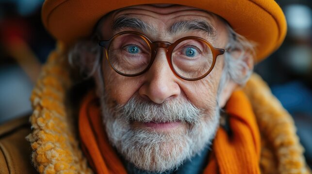Old man in colorful clothes and hat with big eyes. Vieil homme habillé de manière coloré et chapeau faisant les grands yeux.