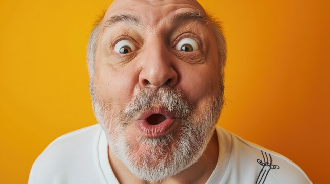 Very expressive old man, making big eyes and opening his mouth against an orange background. Vieil homme tr&egrave;s expressif, faisant les gros yeux et ouvrant la bouche.
