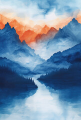 Watercolor landscape. Mountains. A beautiful painting. Generative AI.