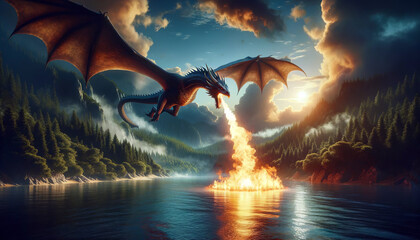 A majestic dragon soars over a calm lake with outstretched wings, breathing fire against a background of forested mountains and a dramatic sky. Animal behavior concept. AI generated.