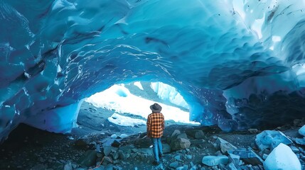 Explorer before the blue abyss, ice cave's majesty dwarfs human presence - obrazy, fototapety, plakaty