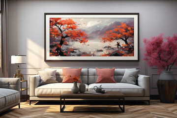 Redefine your living space by adorning the walls with a simple frame housing a mesmerizing nature painting. Let the exquisite artwork transport you to a world of natural beauty and tranquility.