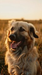 Joyful canine in the field, sunset glow on smiling, fluffy companion
