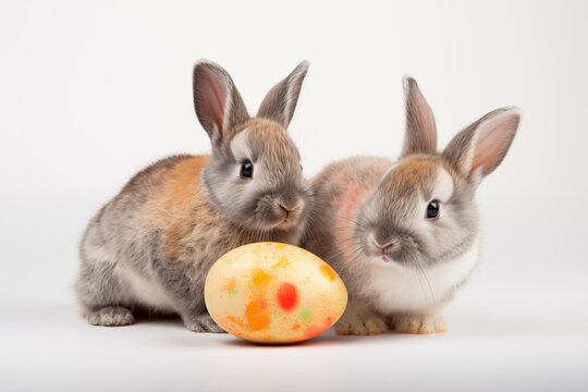 Two Cute Easter bunnies with colorful painted Easter egg, isolated on white, fluffy and adorable, in pastel colors.