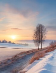 Fototapeta na wymiar Panorama of winter nature landscape at sunrise. Christmas background Generative Ai