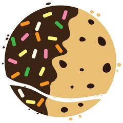 Cracked chocolate chip cookies coated with chocolate and sugar flake cartoon. Vector illustration.	