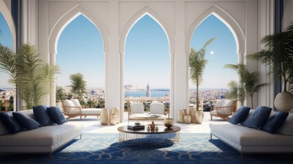 living room with open view and blue sky, arabic style
