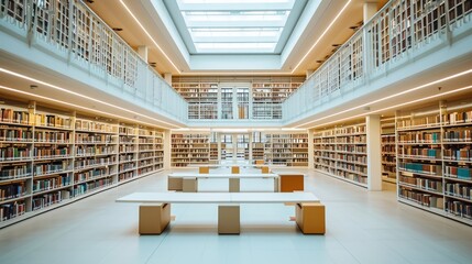 Modern library interior with rows of books, large windows, and tranquil study atmosphere. Resplendent.