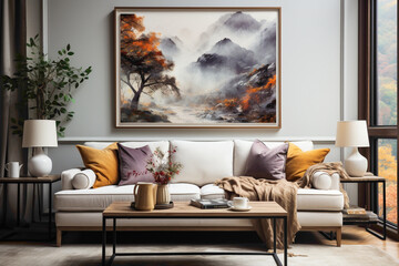 Immerse yourself in the beauty of nature within your living room, where a simple frame displays a stunning painting that evokes a sense of calm and connection with the outdoors.