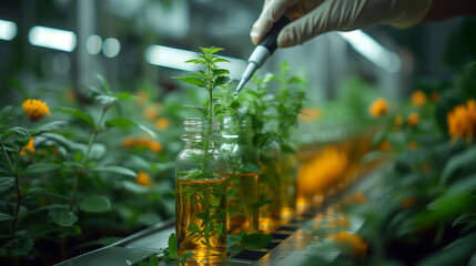 Pouring water into a terrestrial plant in a glass bottle in a greenhouse - obrazy, fototapety, plakaty