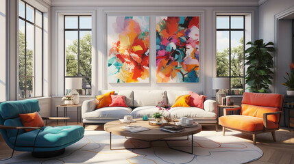 Experience the vibrancy of a modern living room featuring a palette of bright colors and an empty...