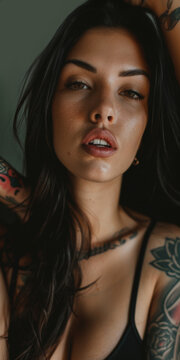 belle jeune femme en d&eacute;bardeur bras nu recouvert de tatouages