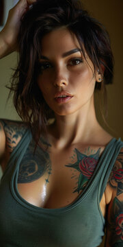 belle jeune femme en d&eacute;bardeur bras nu recouvert de tatouages