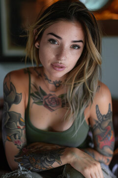 belle jeune femme en d&eacute;bardeur bras nu recouvert de tatouages