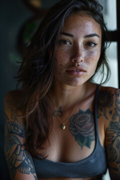 belle jeune femme en d&eacute;bardeur bras nu recouvert de tatouages